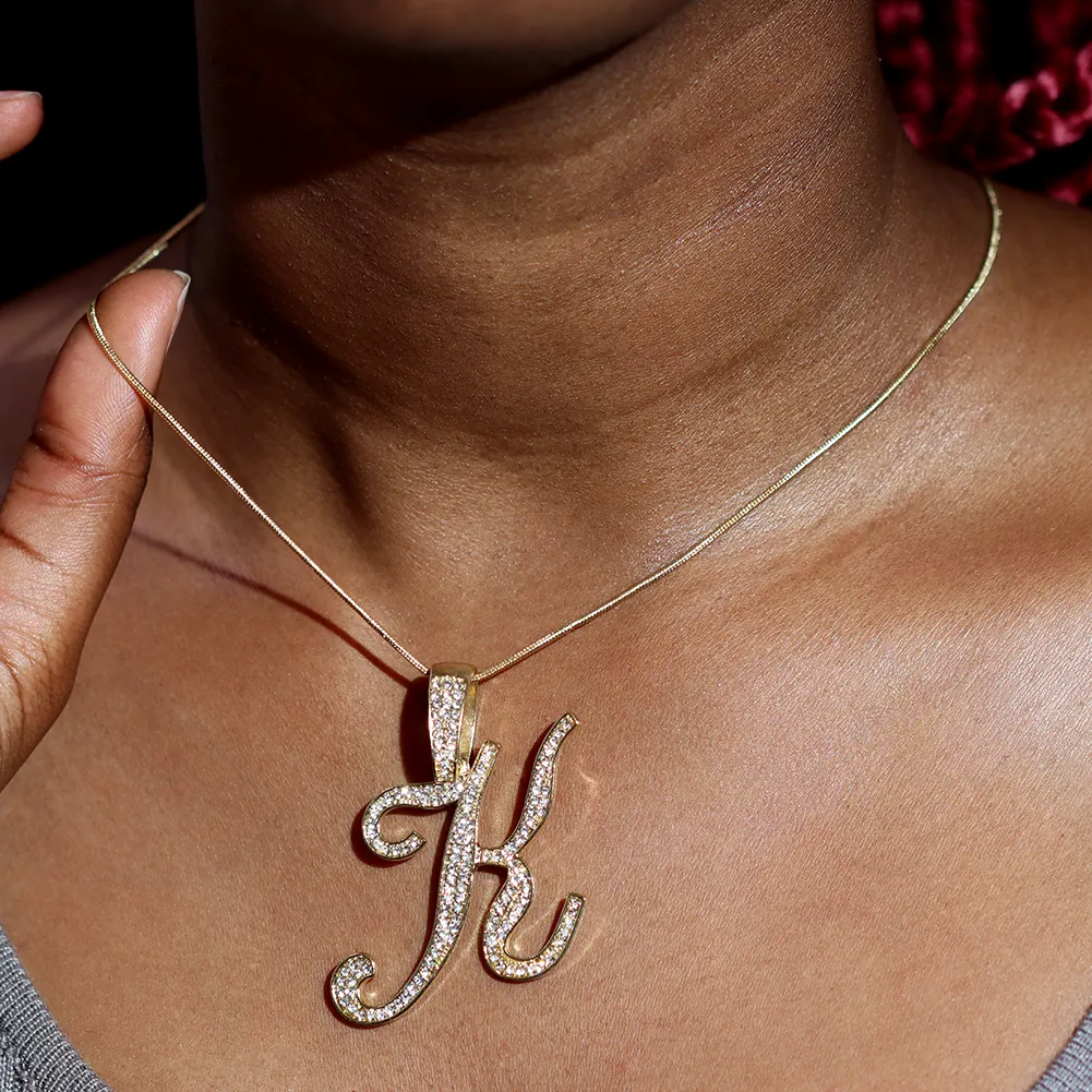 Ketten Bling Iced Out Gepflasterte Strass Kursivbuchstaben Anhänger Halskette Für Frauen Mode A-Z Initial Seil Kette_voghion.com
