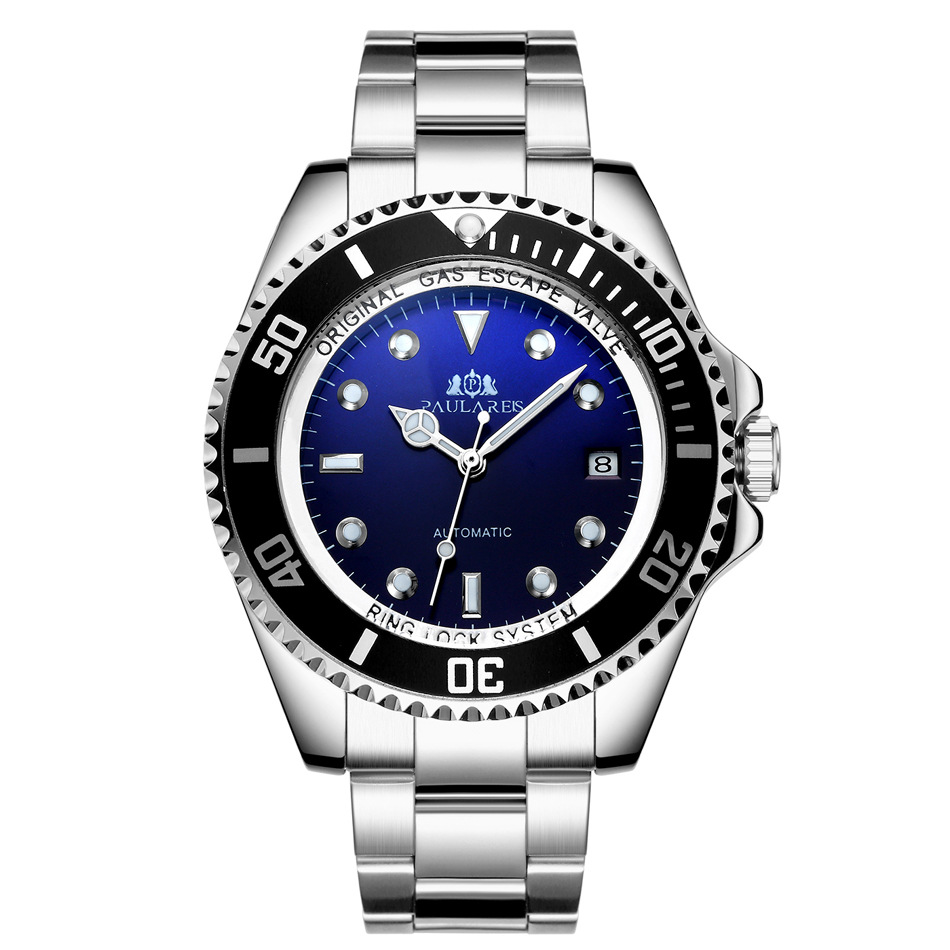 Vollautomatische mechanische Herrenuhr mit Leuchtzeigern, massivem Edelstahlarmband, blauem, rotem und grünem Zifferblatt. AUTOMATIKUHR_voghion.com