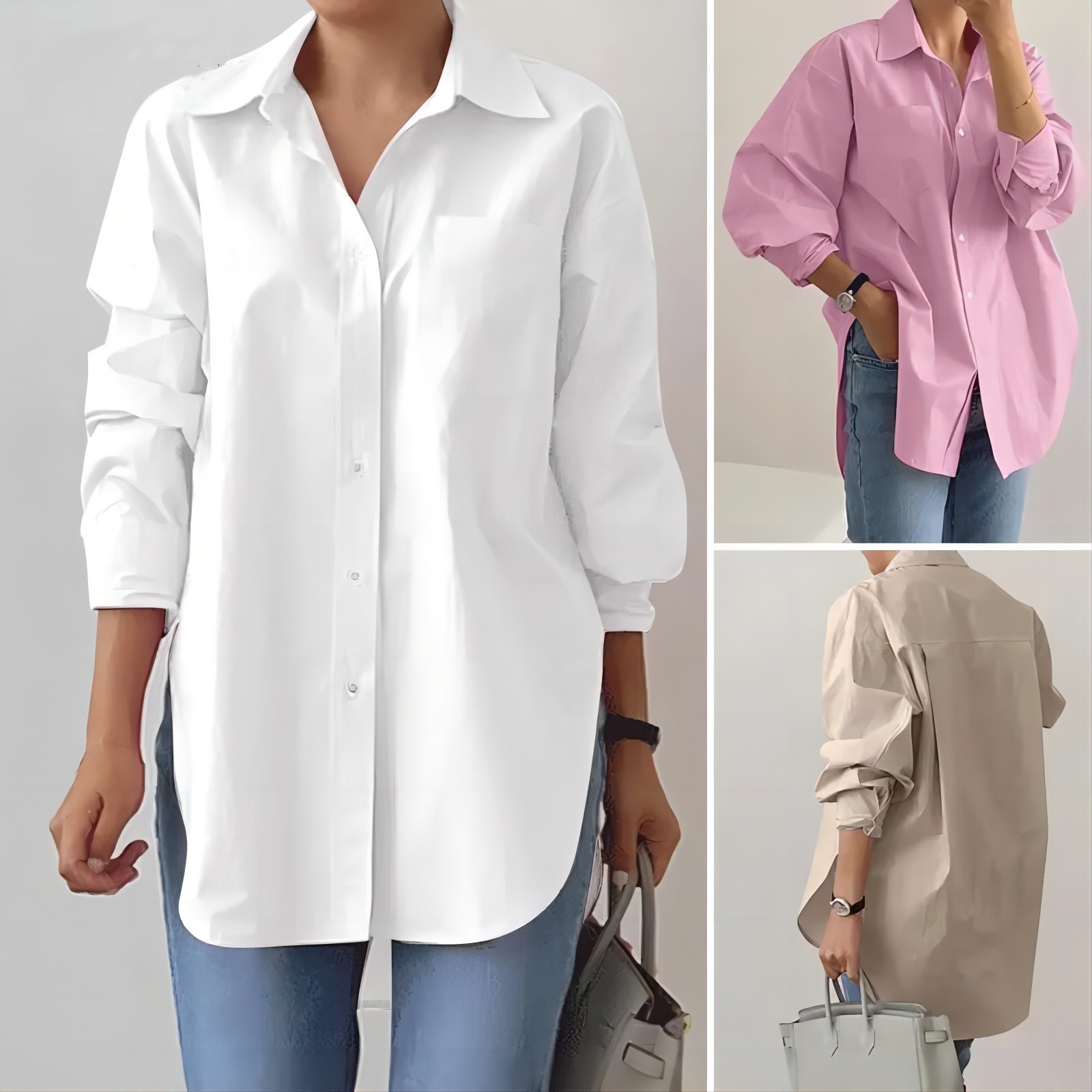Elegantes Revers Langarmshirt Damen Frühling und Herbst einfarbig Schlitz Saum übergroßes OL Arbeitshemd_voghion.com