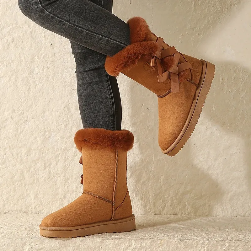 Botas femininas de camurça fofa neve fofa borboleta bico redondo quente outono sola grossa plataforma sapatos de algodão 241007_voghion.com