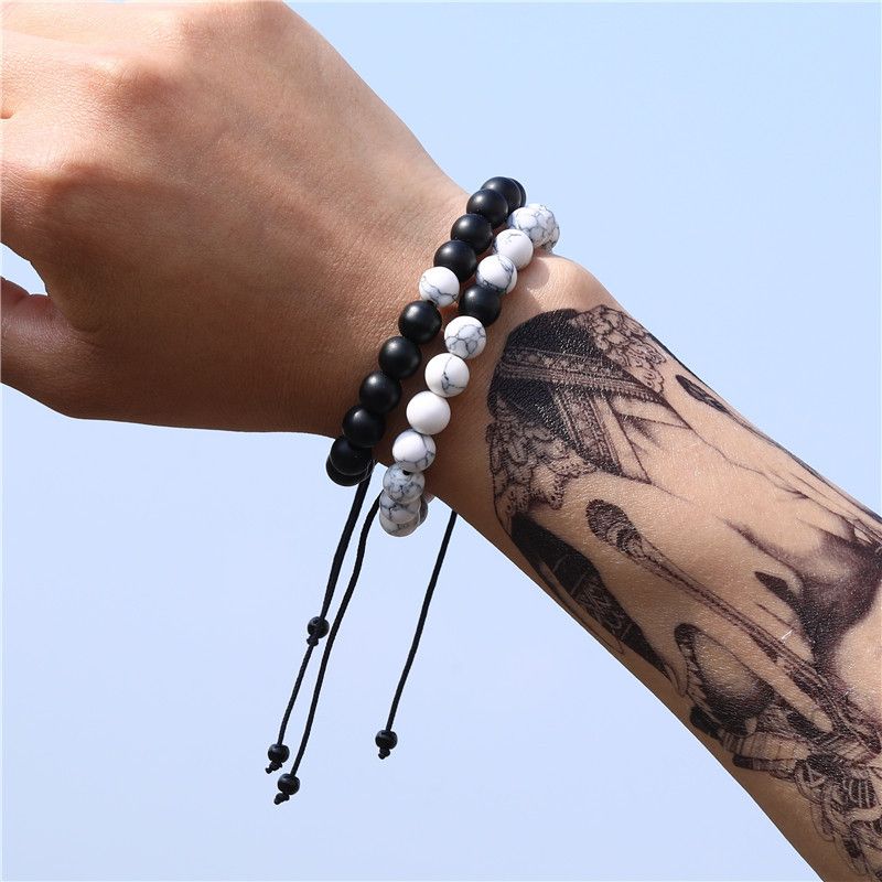 Fashion Retro Black Matte White Turquoise Braided Buddha Beads Set Men's Adjustable Couple Bracelet_voghion.com