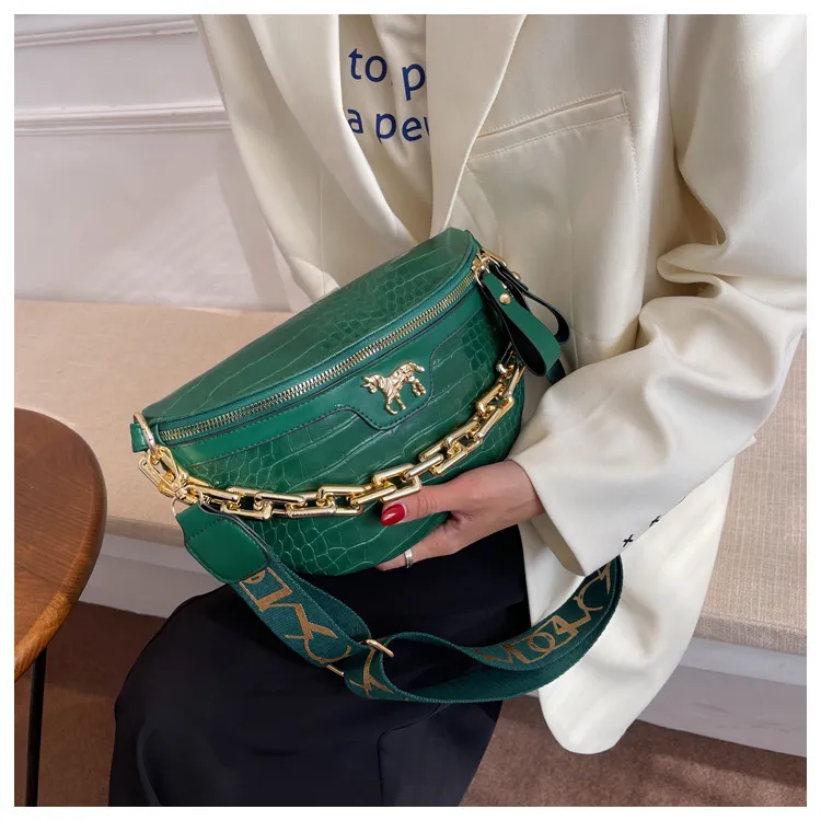 Thick Chain Women's Waist Fanny Pack Fashion Crossbody Chest Bags Female Belt Crocodile Shoulder Bag_voghion.com