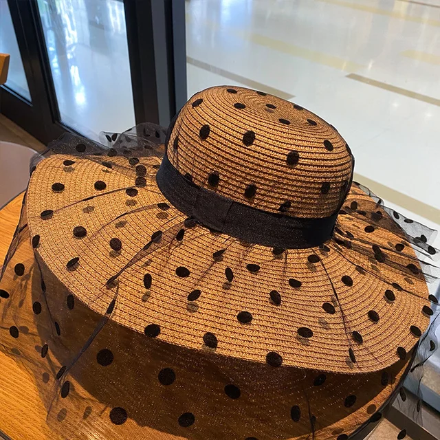 Pălării de paie cu dantelă și plasă de vară pentru femei, clasice și elegante, cu buline, cu bor larg, pentru plajă, pliabile, cu protecție UV, Panama_voghion.com