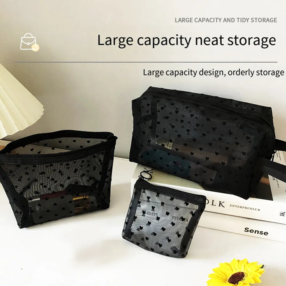 5Pcs Love Print Mesh Cosmetic Portable Toiletry Organizer Makeup Bag Multifunction Transparent Women Lipstick Storage_voghion.com