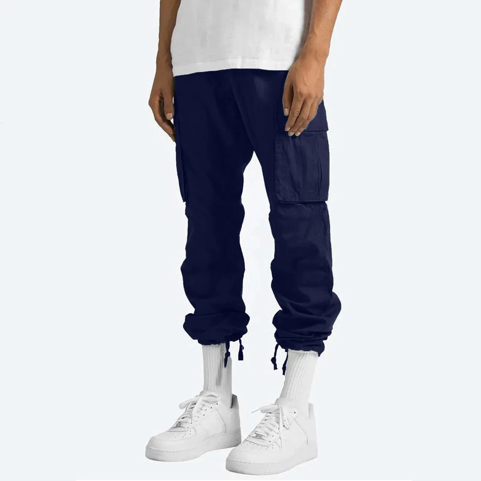 Pantalon cargo décontracté pour homme, coupe slim, couleur unie, poches, coupe droite, bas long, ample_voghion.com