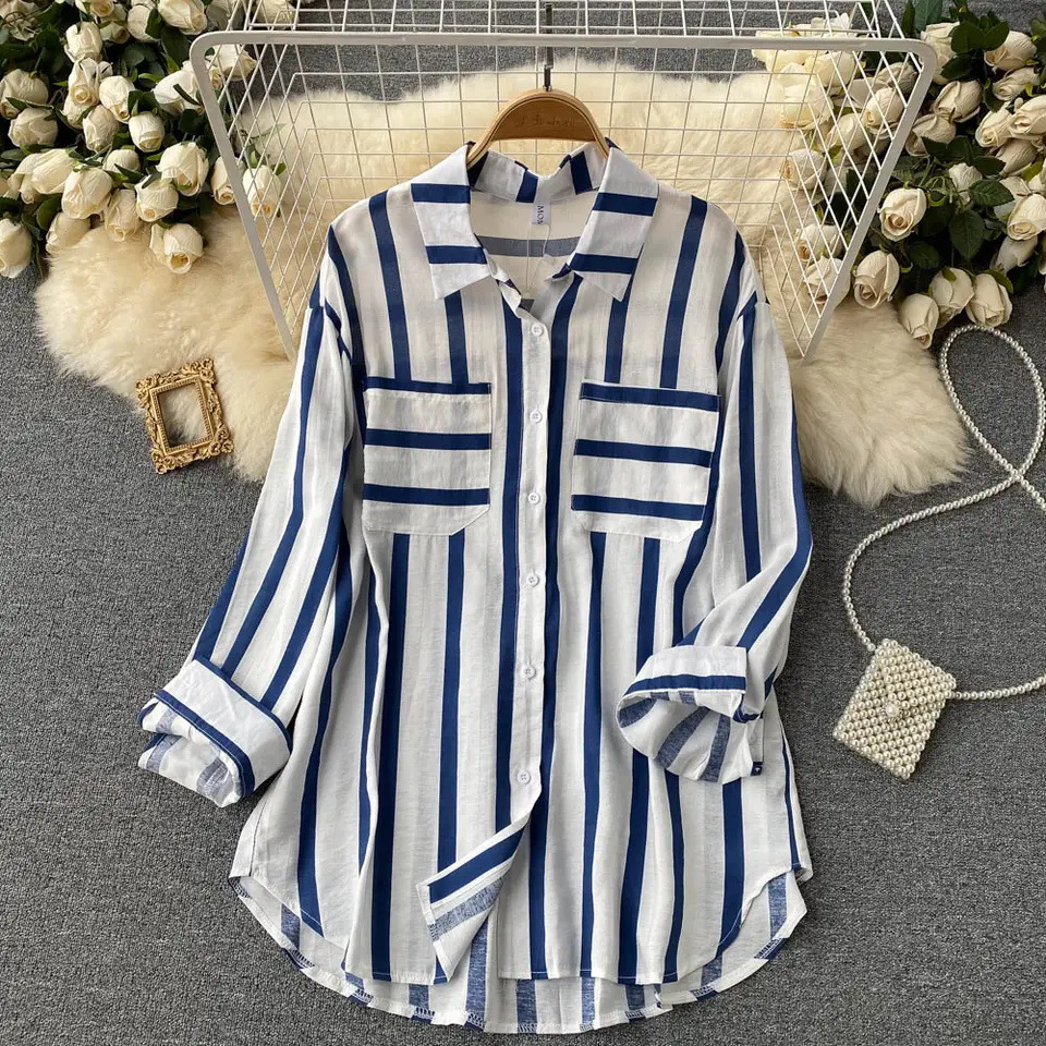 Women's Korean Style Casual Loose Top Summer Spring Autumn New Mid-Length Vertical Stripe Multicolor Shirt Jacket _voghion.com