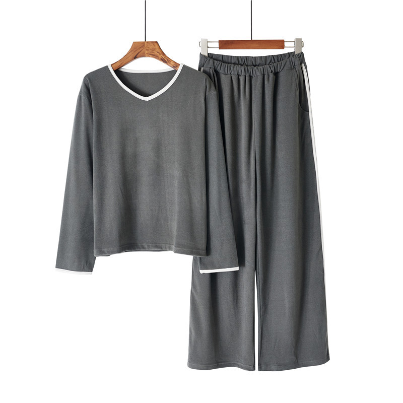 Fløjl pyjamas sæt til kvinder v-hals pullover hjemmetøj sæt_voghion.com