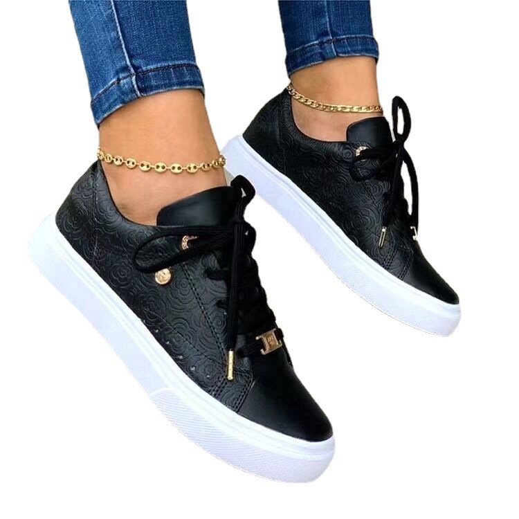 Women’s Shoes Printed Large Size Shoes Flat-bottomed Low-top Lace-up Round-toe Solid Color Women’s Single Shoes