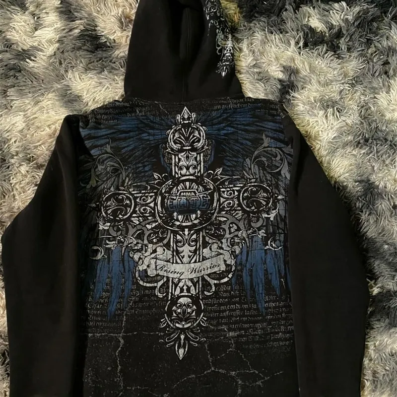 Woman Hoodie Y2K Cyber Grunge Emo Zip Up Sweatshirts Vintage Graphics Print Kpop Aesthetic Gothic Clothes for Women_voghion.com