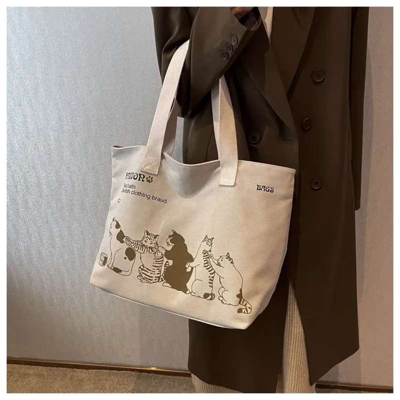 Große Tragetasche für Damen zum Einkaufen, Aufbewahren, Pendeln, Canvas-Handtasche, Cartoon-Katzen-Aufdruck, tragbare_voghion.com