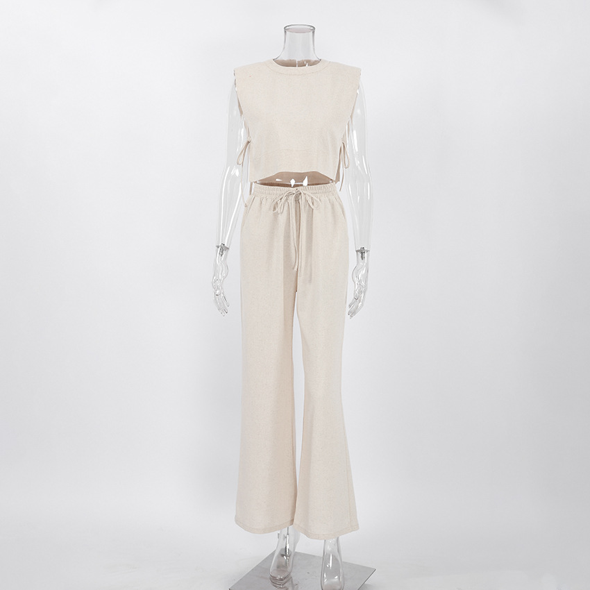 Women's Clothing Fashion cotton and linen suits style shoulder pad sleeveless tops and trousers two-piece suits_voghion.com