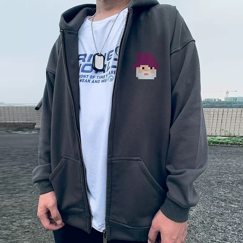 Americký oversized kardigan, mikina s kapucí, Instagram, trendy pánské oblečení s oversized kapucí, podzimní a zimní šedá_voghion.com