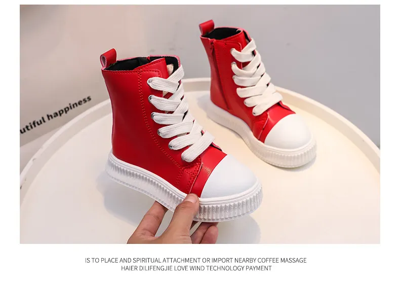 Tênis plataforma infantil preto vermelho couro zíper cadarço crianças meninos meninas casual happysteps fundo grosso criança alta_voghion.com