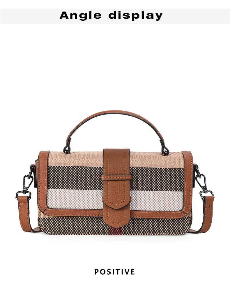 Crossbody Shoulder Handbag In Plaid Canvas And Cowhide Leather_voghion.com
