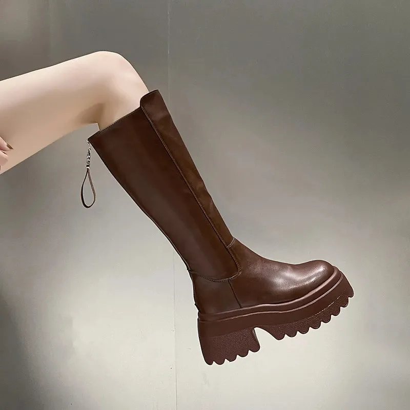 Knee High Platform Boots Women Retro Punk Style Leather Booties_voghion.com