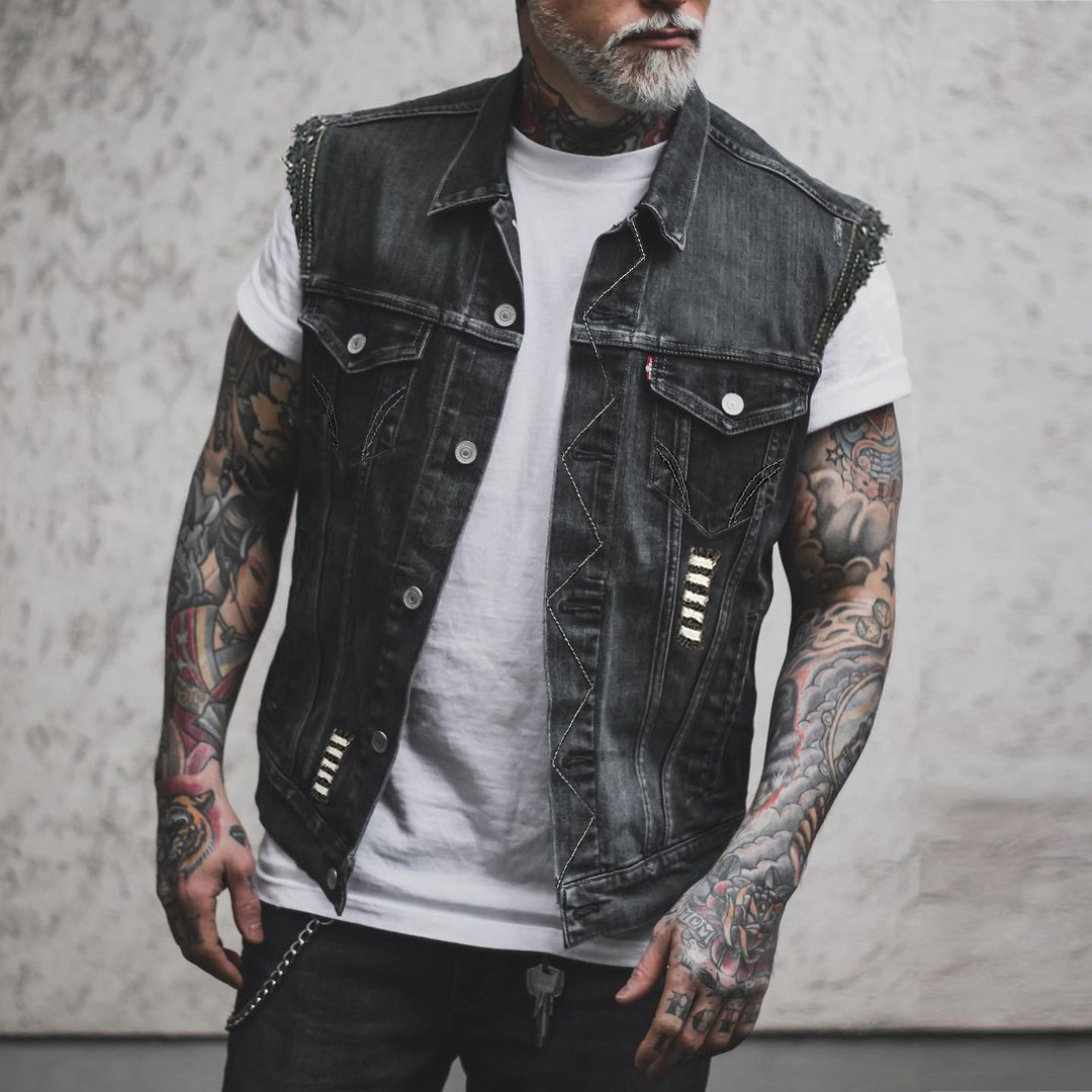 men's clothing punk casual men's denim vest sleeveless lapel denim jacket_voghion.com