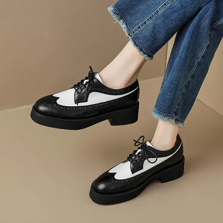 Spring/Autumn NEW Pumps Round Toe Thick Heel Split Leather For Women Retro Mixed Colors Oxfords Platform Shoes Eaa0 Oxds_voghion.com