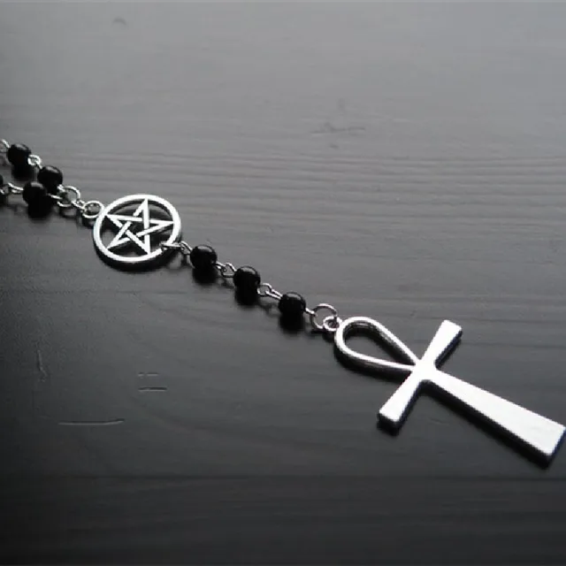 2025 New Arrivals Ankh and Pentagram Necklace , Wicca, Pagan Rosary Black Beads Charm Jewelry for Women Gift Fashion Simple Jewellery_voghion.com