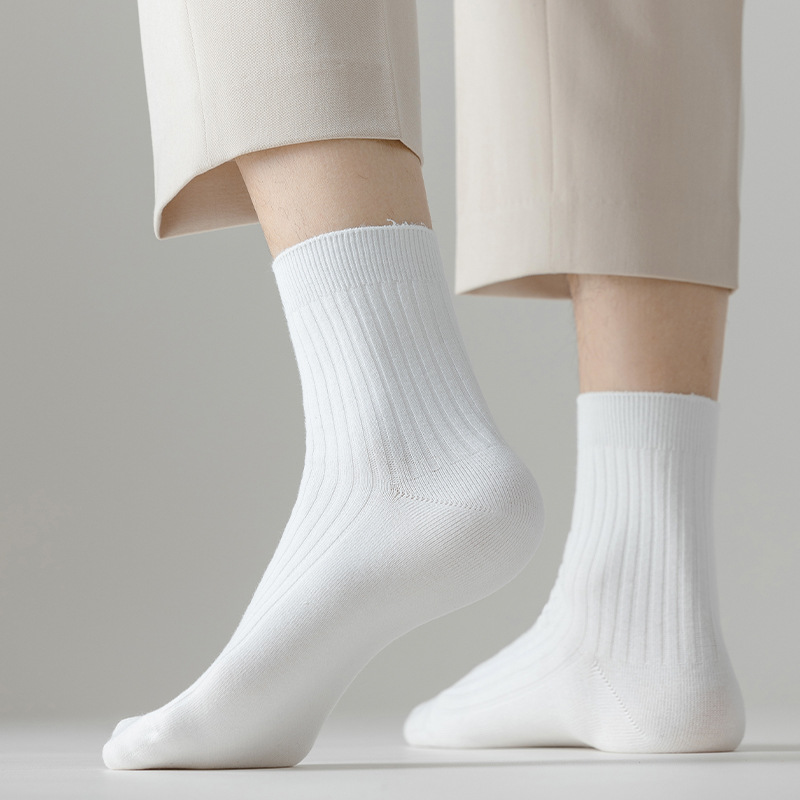 white And Gray Business Medium Tube Socks Sweat-absorbing Cotton Socks Double-needle Casual Stockings Versatile Short Men's Socks_voghion.com
