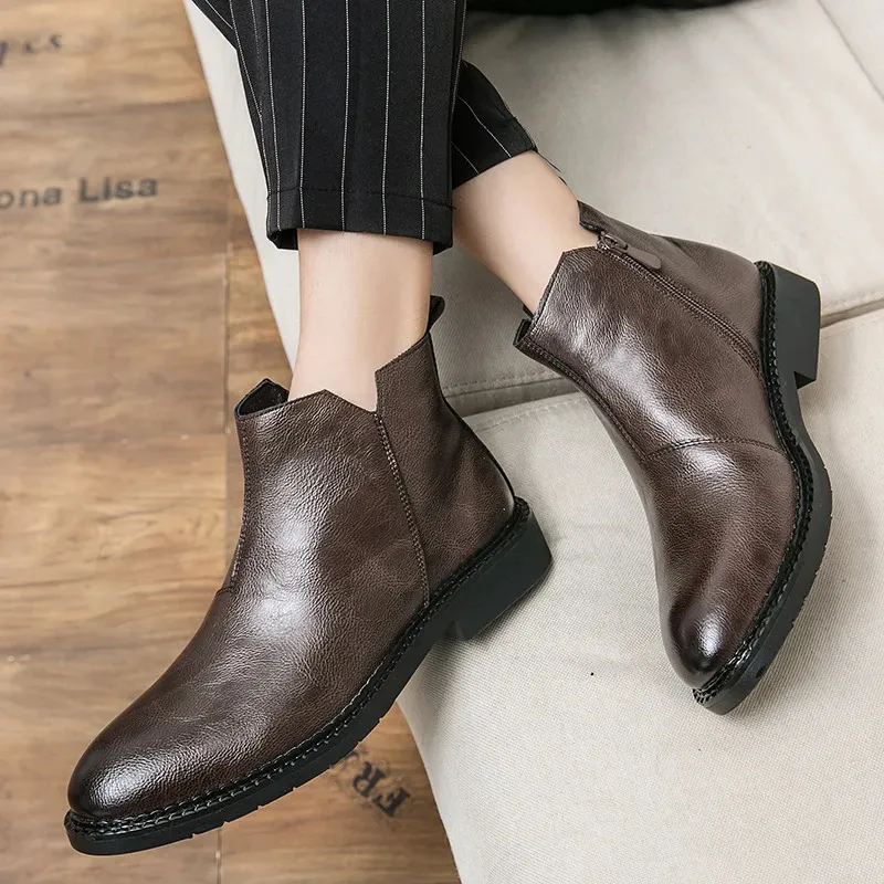 For Fashion Casual British Style Short Boot Side Zipper High-Top Shoes Men Man Classic Retro Leather Ankle Boots 240620_voghion.com