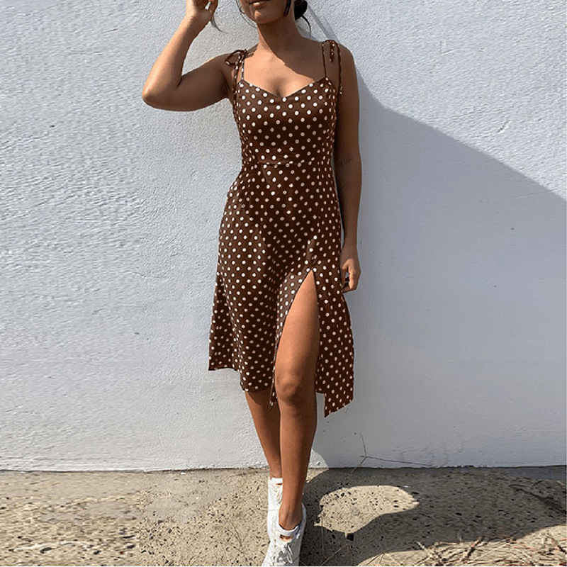 Women's Black And White Polka Dot Slit Dress With Elastic Strap_voghion.com