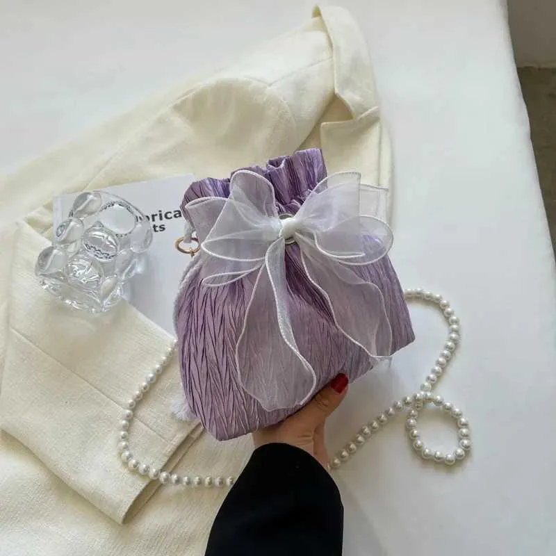 Spitze Schleife Satin Eimer Frauen Mode süße Perle Kette Schulter Umhängetasche Kordelzug Handtasche Party Kupplung_voghion.com
