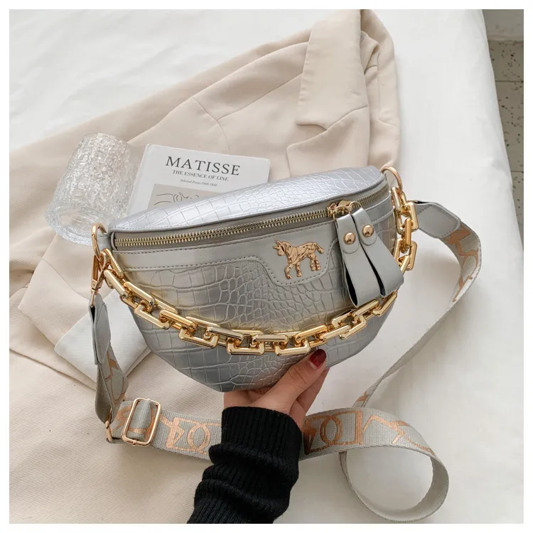 Thick Chain Women's Waist Fanny Pack Fashion Crossbody Chest Bags Female Belt Crocodile Shoulder Bag_voghion.com
