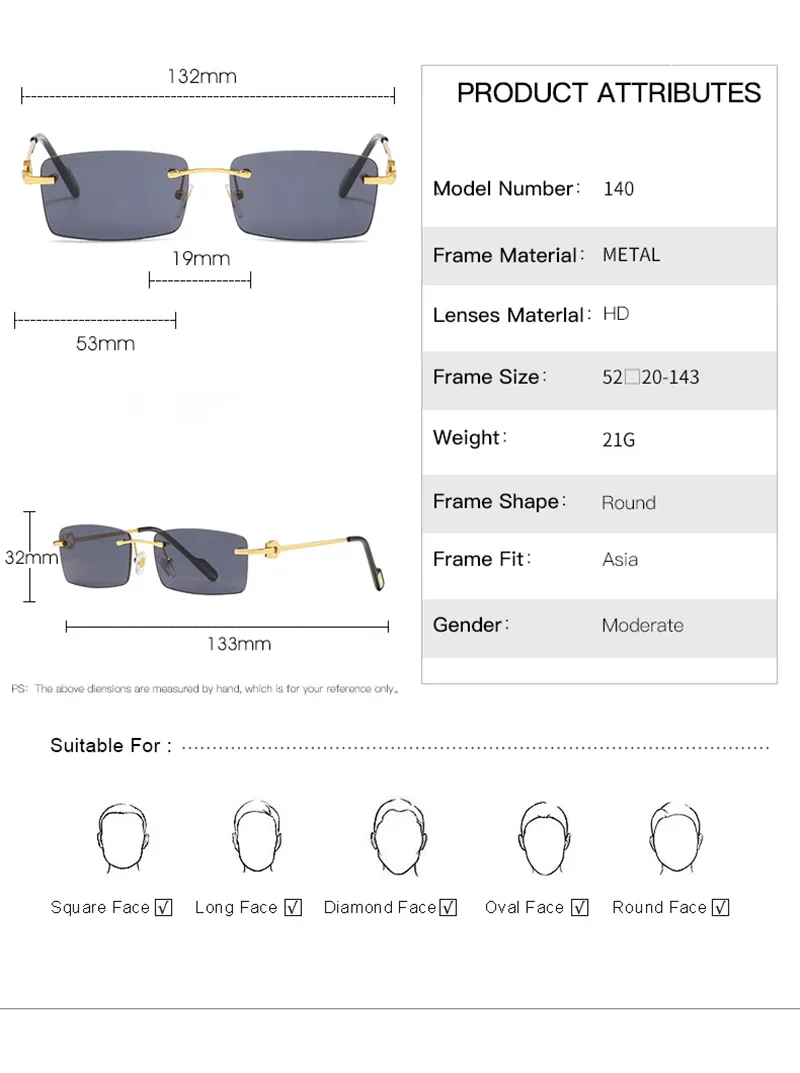 Wholesale Rimless Fashion hardware Series Sunglasses Metal driving glasses High Quality Designer UV400 rectangular shape_voghion.com