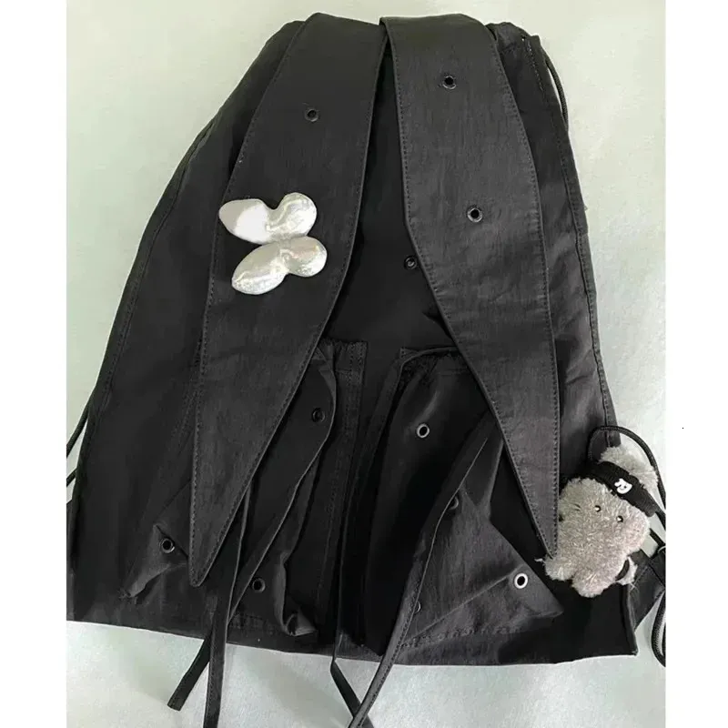 INS coreano coniglio orecchie fiocco lacci coulisse plissettato casual spalla femminile grande capacità tote borsa zaino leggero_voghion.com