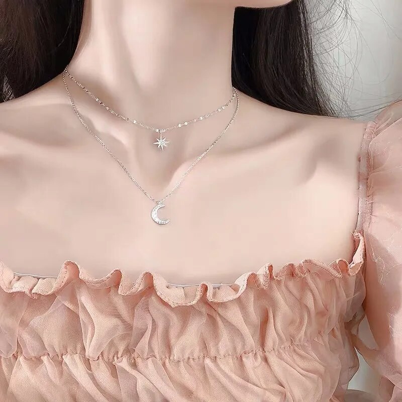 Colier elegant cu lună, stele strălucitoare, pandantiv stratificat, cu cerc, pentru petrecere de ziua de naștere, bijuterii la modă pentru femei_voghion.com
