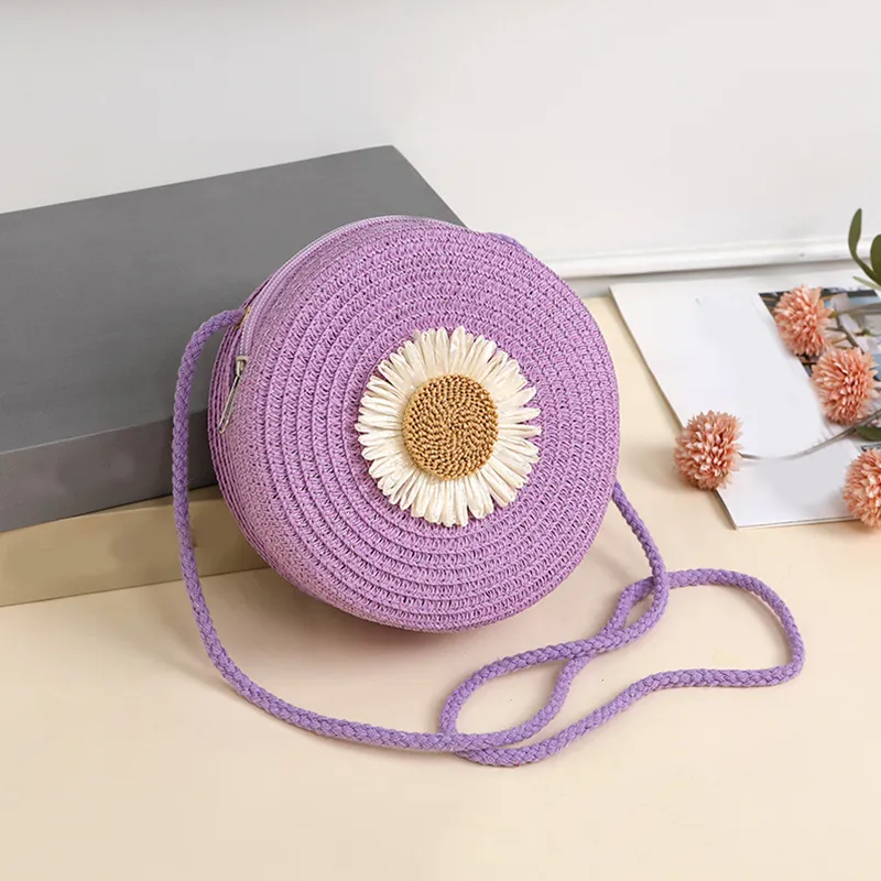 Borsa a tracolla da spiaggia intrecciata in paglia con fiori rotondi per donna, borsa a tracolla in rattan lavorata a mano e lavorata a maglia, colore caramella_voghion.com
