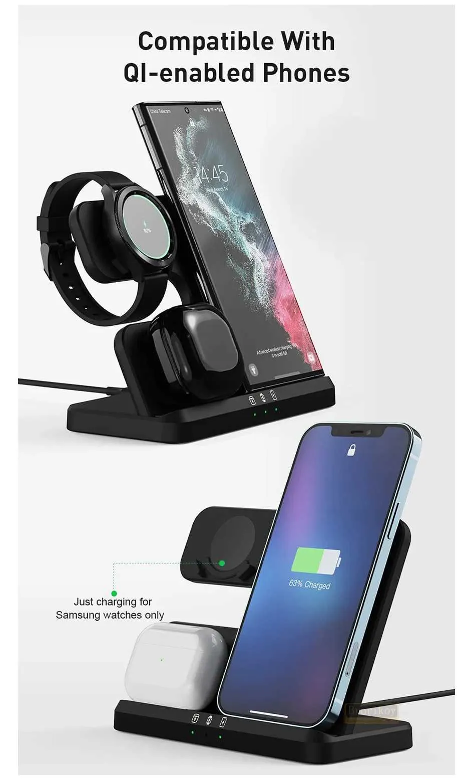 15W 3-in-1 Station Suitable For S23 S22 IPhone 15 14 13 Galaxy Watch 4 3 Earphones 2 Fast Wireless Charger Y241118_voghion.com
