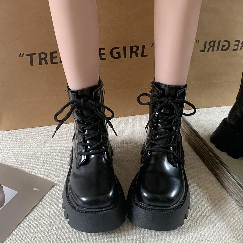 Patent Leather Platform Ankle Lace High Heels Motorcycle Botas Mujer Thick Bottom Autumn Boots for Women 241116_ecoleips.com