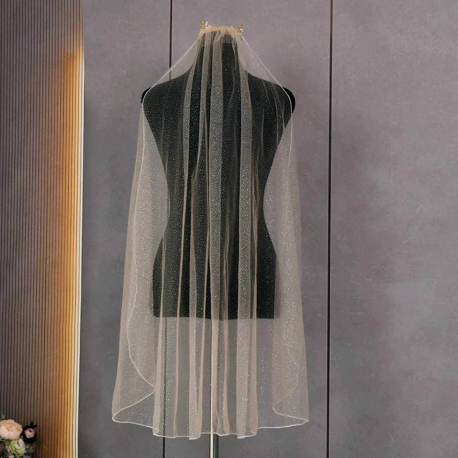Bruidssluier champagne kort 1-laags tule bruiloft accessoire_voghion.com