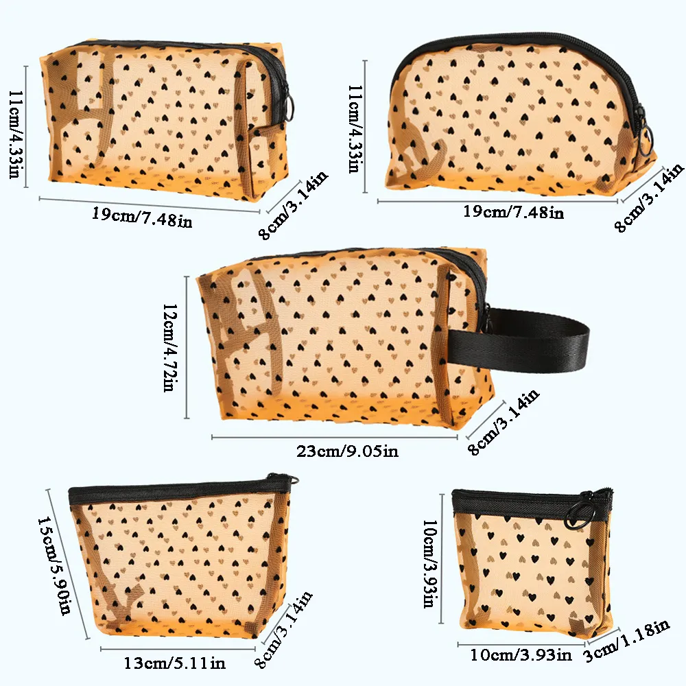 5Pcs Love Print Mesh Cosmetic Portable Toiletry Organizer Makeup Bag Multifunction Transparent Women Lipstick Storage_voghion.com