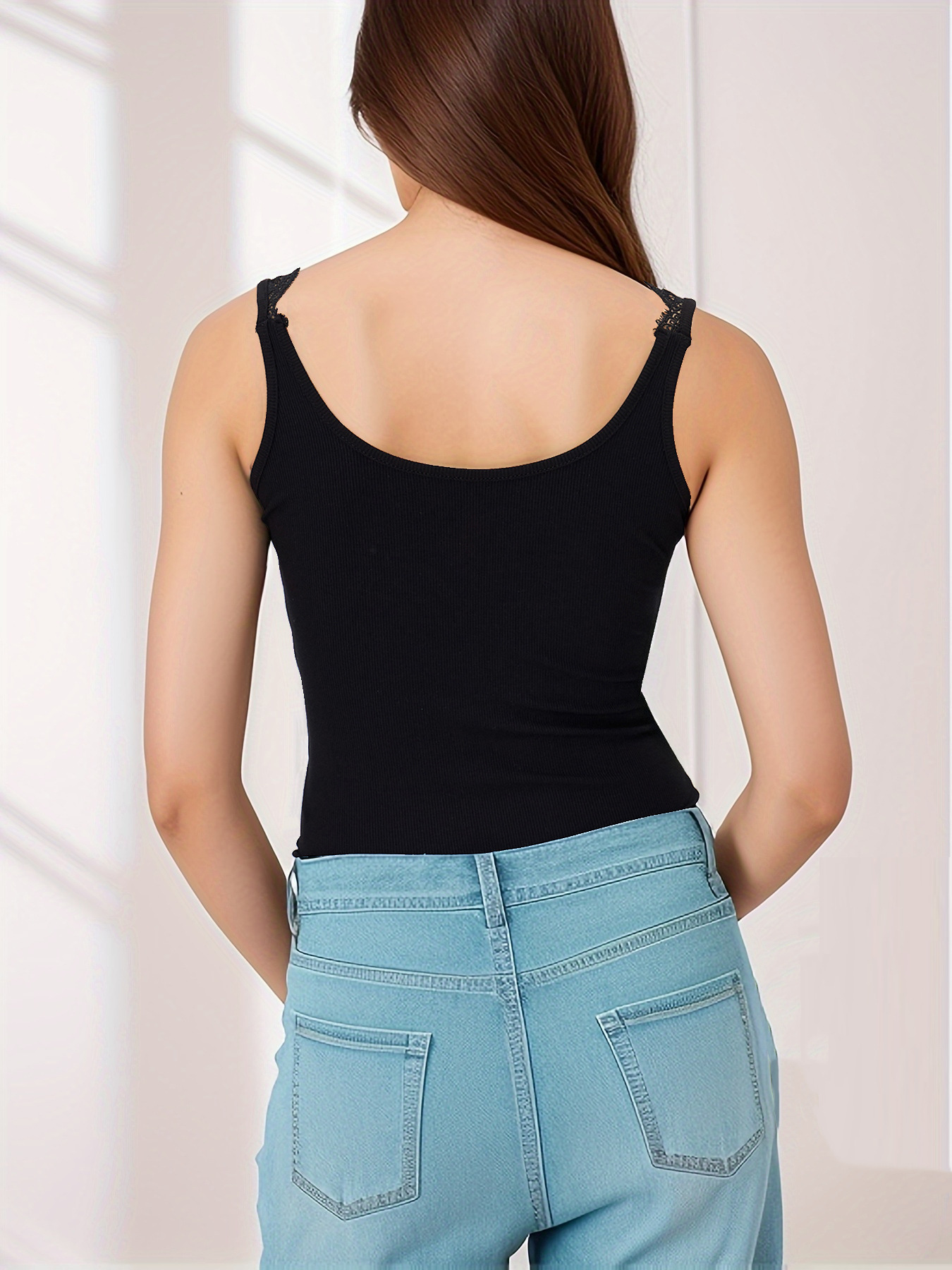 Schwarzer V-ausschnitt Spitzenbody Gerippt Damen Sommer Oberteil_voghion.com