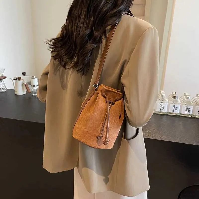 Suede Drstring Small Shoulder Bag Dark BrownC241217_voghion.com