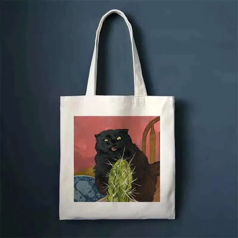 Funny Print canvas Fi handbag girl Carto Enviromental large capacity portable shopping bag Y241109_voghion.com
