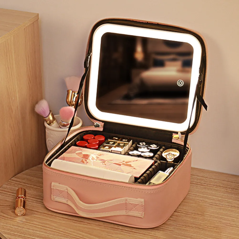 Make Up Pouch With Mirror Travel Makeup Bags Portable Large Capacity Fashi Simple PU Leather Casual For Weekend_voghion.com