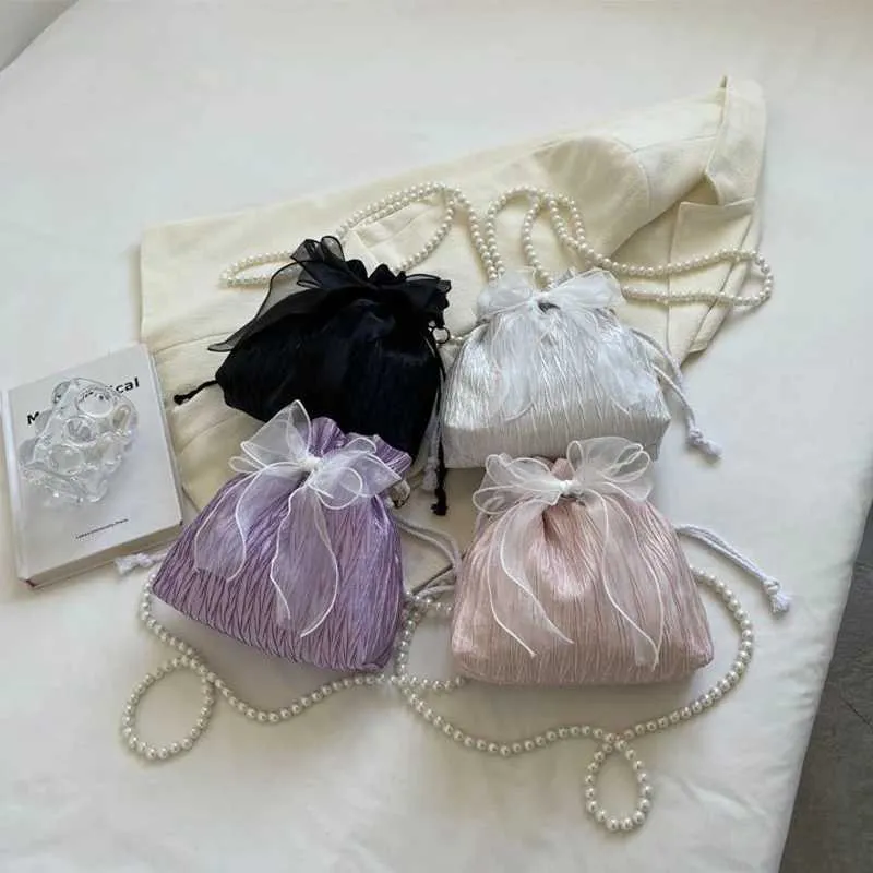 Spitze Schleife Satin Eimer Frauen Mode süße Perle Kette Schulter Umhängetasche Kordelzug Handtasche Party Kupplung_voghion.com