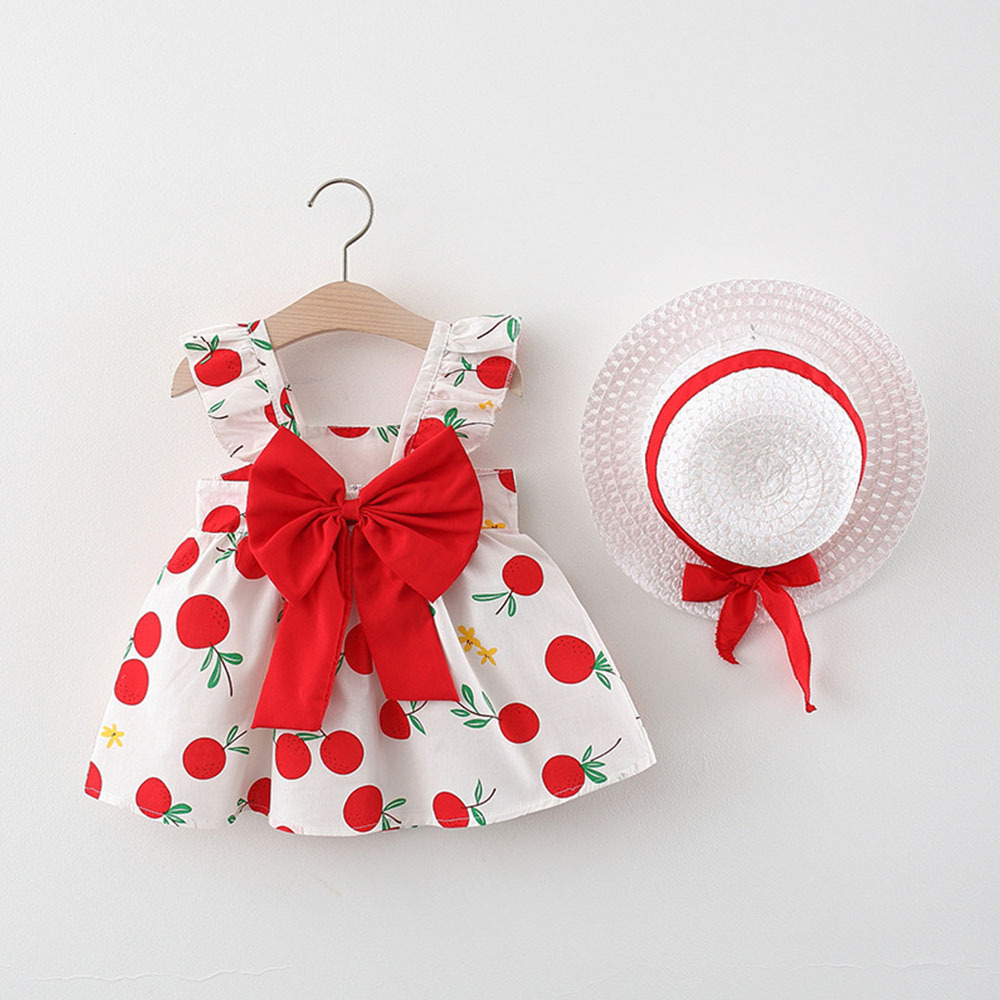 Baby Girl Dress Flower Printed Cotton Dress Fashion Bow Kids Summer Vacation Clothes Send Hat_voghion.com