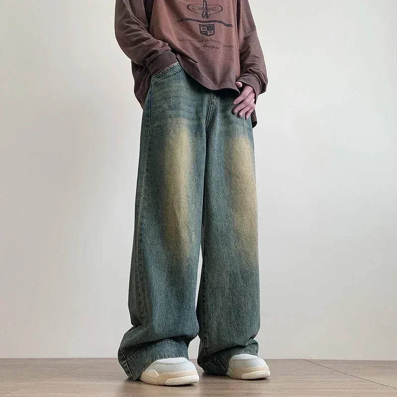 Moške kavbojke Y2K moške korejske priložnostne grunge modre cargo hlače vrečaste vintage ulične modre široke hlače iz pranega jeansa, prevelike_voghion.com