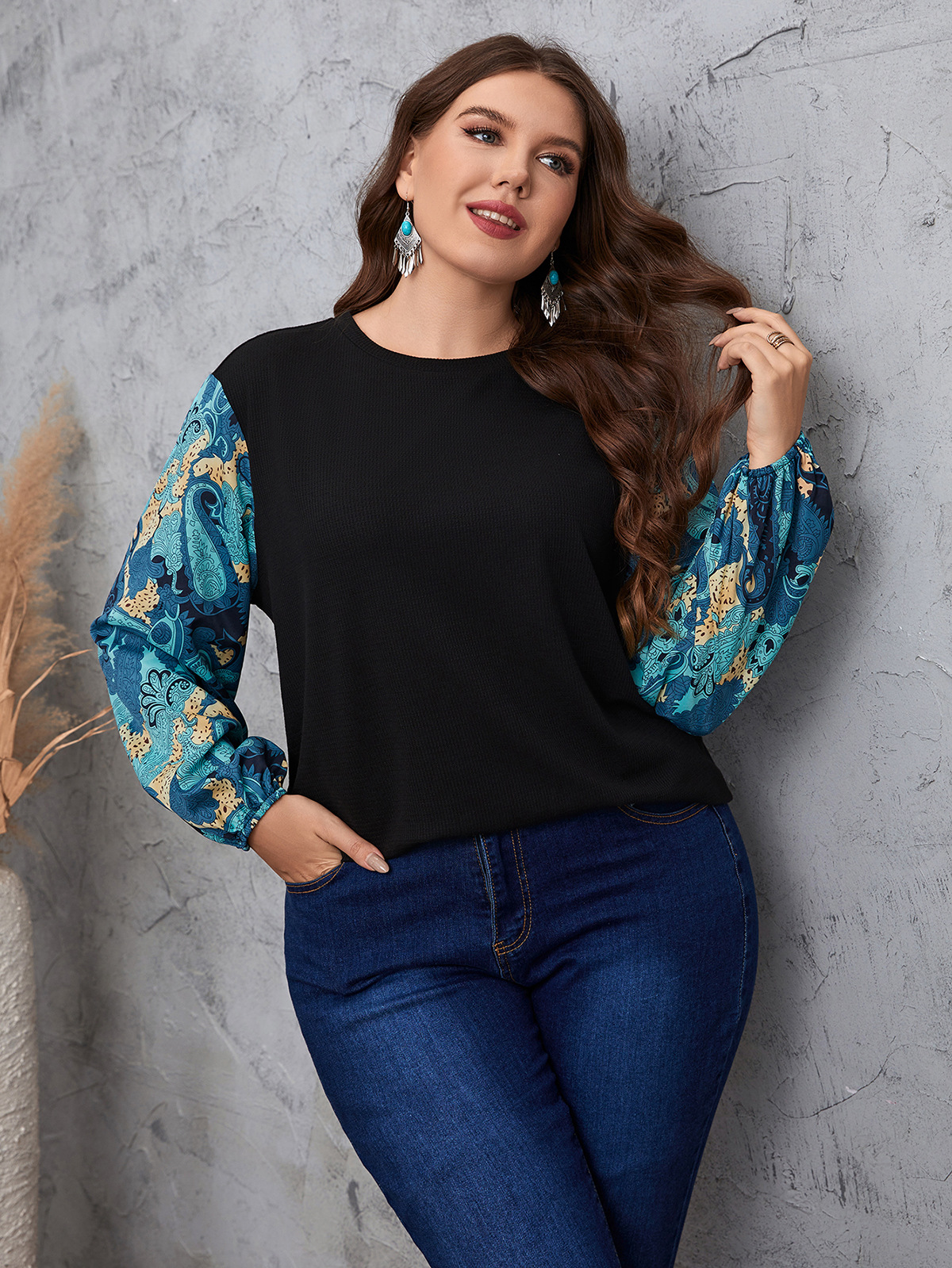 Women's temperament commuting color matching plant lantern sleeve round neck large size shirt_voghion.com