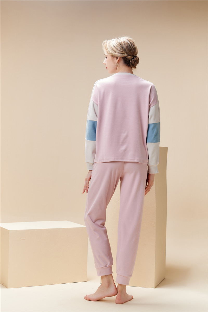 Pigiama da donna con scollo tondo, colore testa a contrasto, caldo e morbido set da indossare per la casa_voghion.com