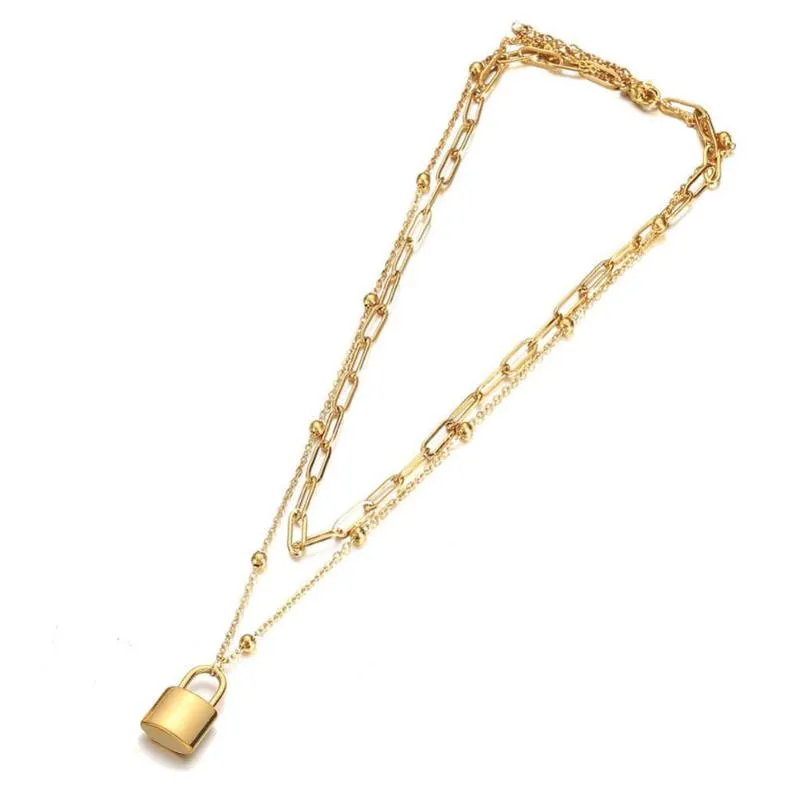 Collane con ciondolo Collana con lucchetto a catena in acciaio inossidabile per donne Catene a doppio strato Ciondoli dorati Choker Gioielli_voghion.com