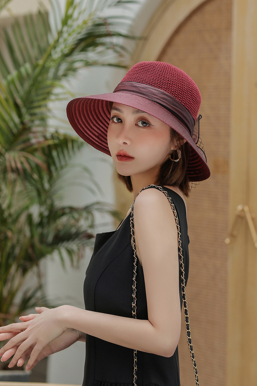 Cappello estivo da donna in organza con tesa larga, motivo patchwork floreale, alla moda, per sole, vacanze e spiaggia_voghion.com