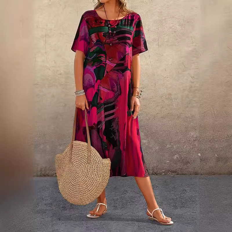  Robe imprimée décontractée pour femmes, manches courtes, taille, col rond, robe de plage ample, été_voghion.com