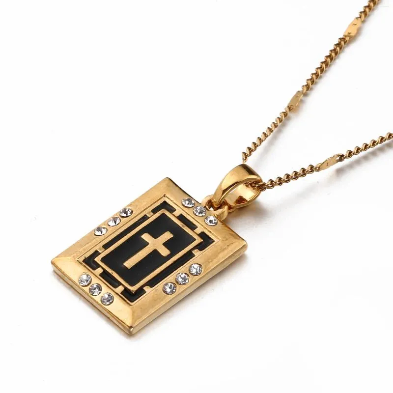 Collane con ciondolo Croce alla moda Colore oro Strass Smalto nero Crocifisso Gioielli da donna_voghion.com
