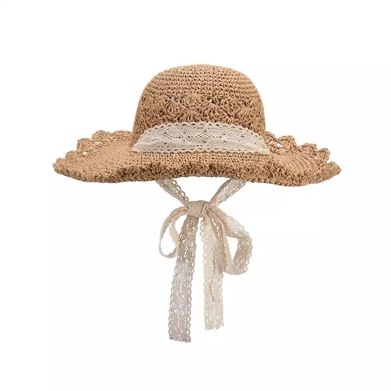 Cappello di paglia da donna con pizzo per spiaggia pieghevole_voghion.com