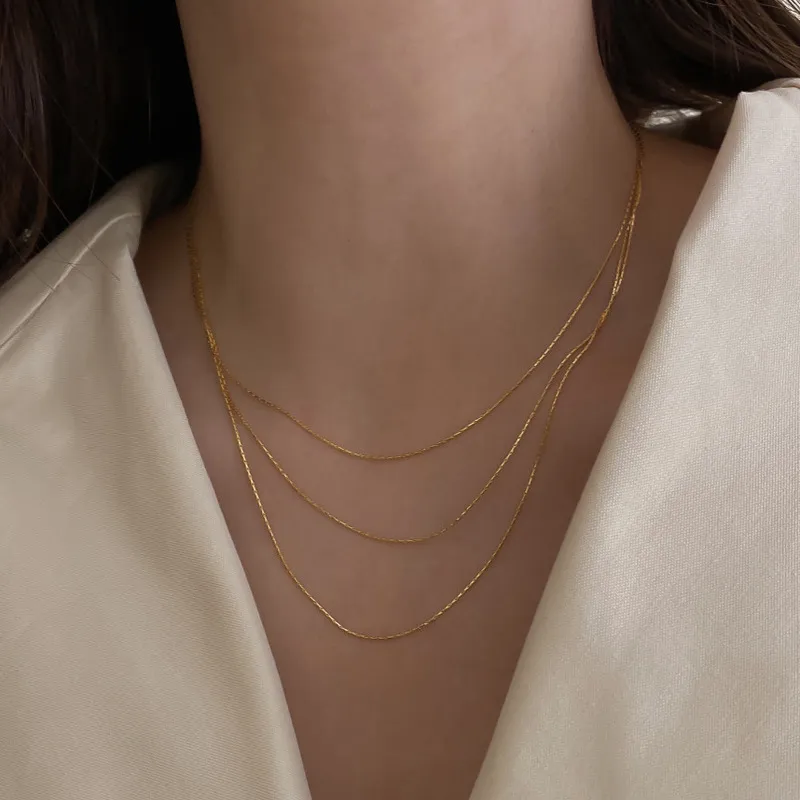 Ketten Anti-allergesch Minimalistesch Duebelschichten 14K Gold Plated Box & Herringbone Kette Choker Halskette fir Fraen Ketten_voghion.com